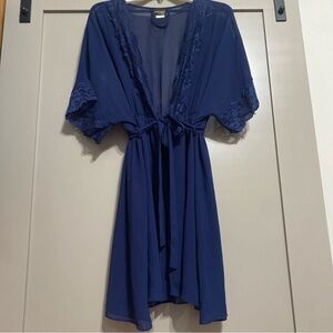 Seductivewear by Cinema Women's Navy Lace-Trim Robe - Elegant Kimono Style